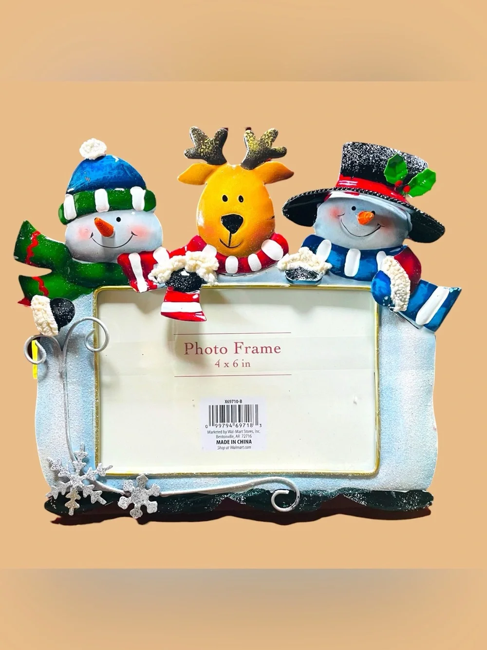 New Open Box Cut Tin Snowmen & Reindeer Hi Quality Christmas Picture Frame